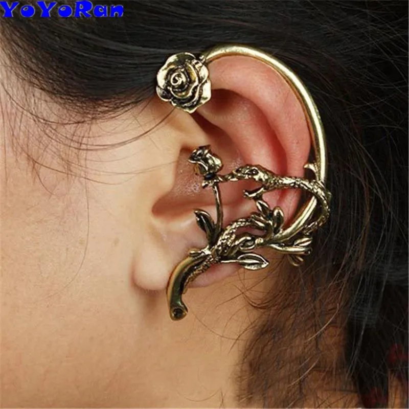 

YoYoRan 1pc rose flower snake stud earring ear cuffs for man woman vintage punk Gothic ear hook hang earring jewelry gift