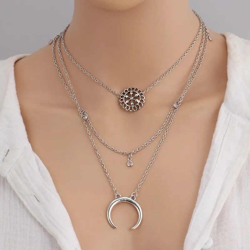 

Vintage Multi-layer Hollowed Alloy Flower Crescent Pendant Choker Necklace Thai Silver Clavicle Chain Maxi Necklace For Women