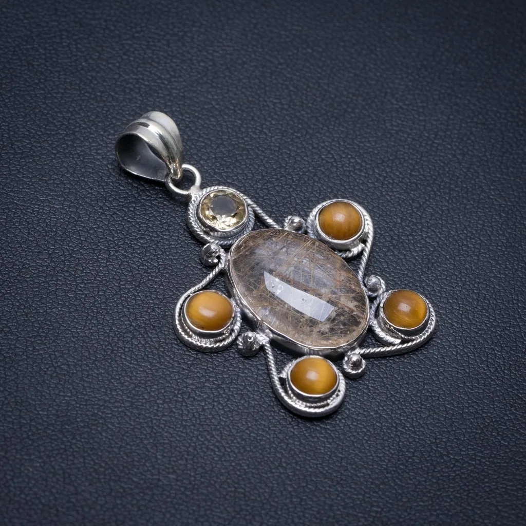 

Natural Golden Rutilated Quartz,Tiger Eye and Citrine Boho Style 925 Sterling Silver Pendant 1 3/4" S0404