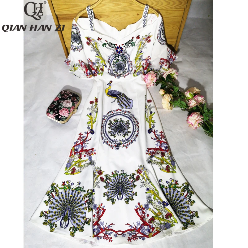 

Qian Han Zi Designer Summer Fashion Dress Women Off the Shoulder sexy amazing pattern print Diamonds Slim mermaid Elegant dress