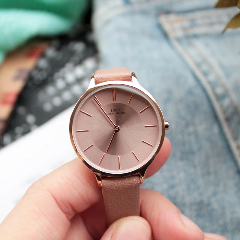 IBSO Brand 8 MM Ultra-Thin Quartz Watch Women Genuine Leather Women Watches 2018 Luxury Ladies Watch Montre Femme