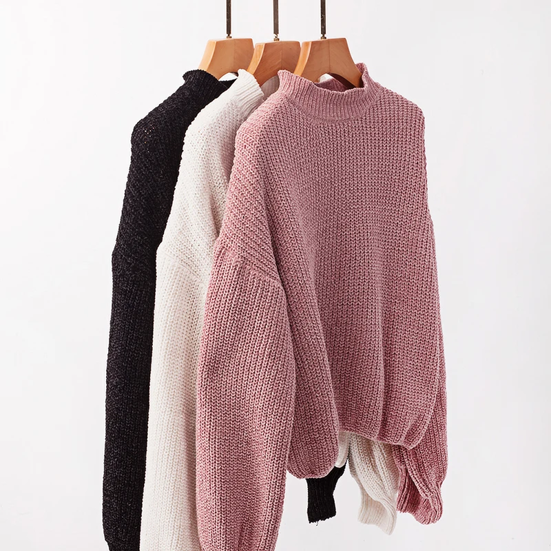 Forefair Casual Turtleneck Sweater Woman Winter Knitting Pullovers Lantern Sleeve Short Black White Knitted Solid Women Jacket