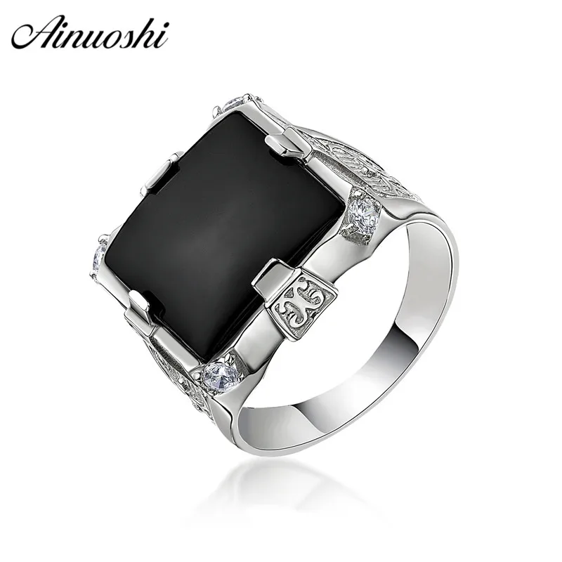AINOUSHI, модное 925 пробы Серебряное мужское обручальное кольцо, черный квадрат, мужское серебряное кольцо на день рождения, подарок, hombre suena
