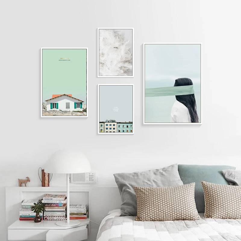 

House Poster Girl Painting Abstract Canvas Prints Architecture Poster Feather Nordic Decoration Picture Scandinavian Unframed