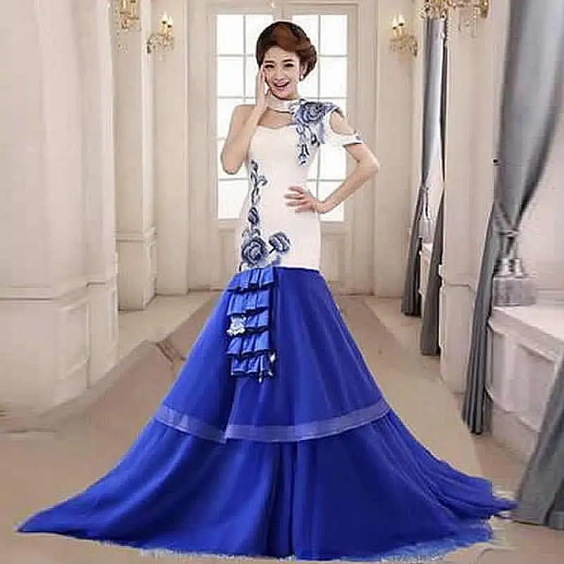 Blue White Porcelain Chinese Traditional Wedding Dress Cheongsam