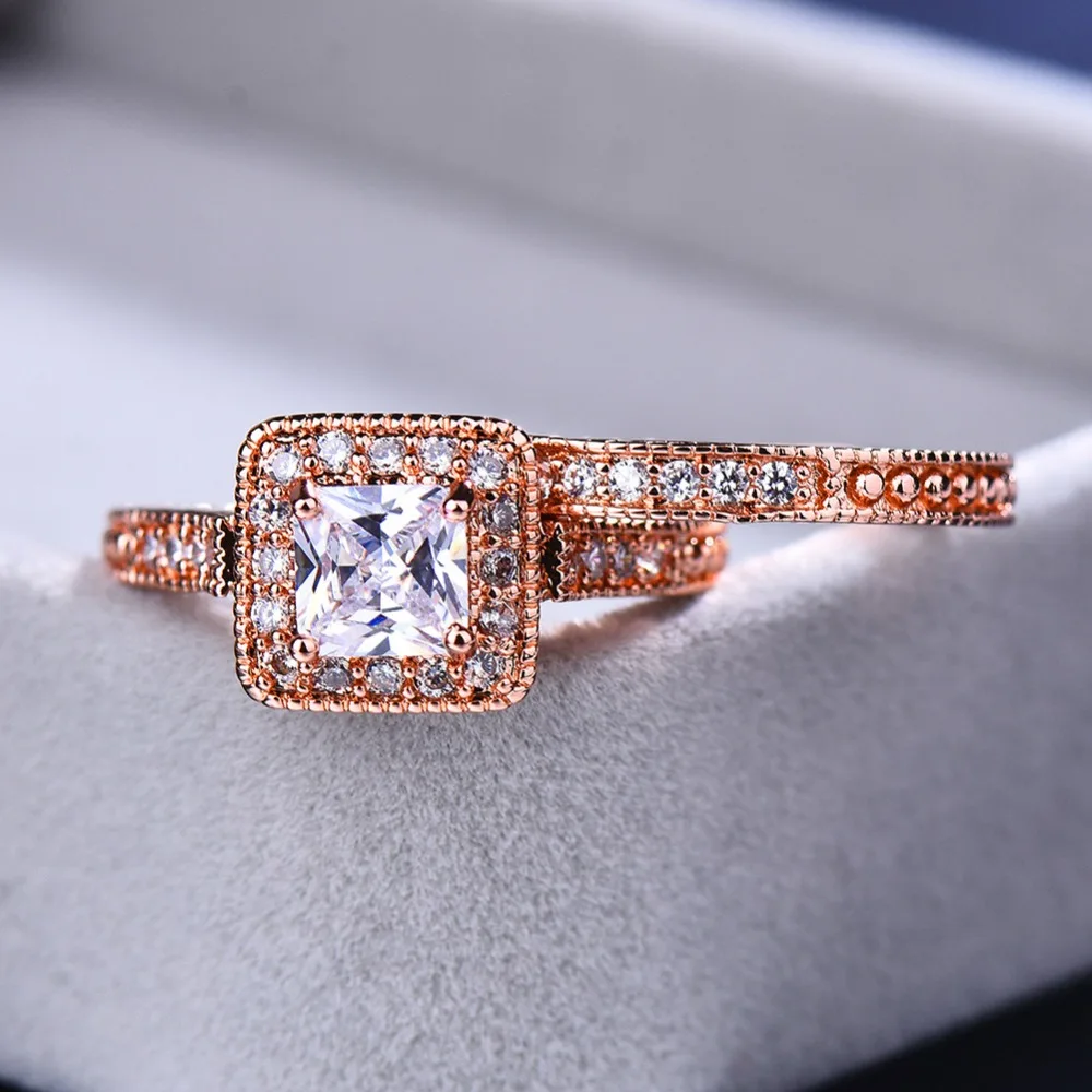 Кристалл женский белый циркон камень кольцо набор 18KT розовое золото Заполненные Свадебные Кольца для женщин Винтаж свадебное обручальное кольцо