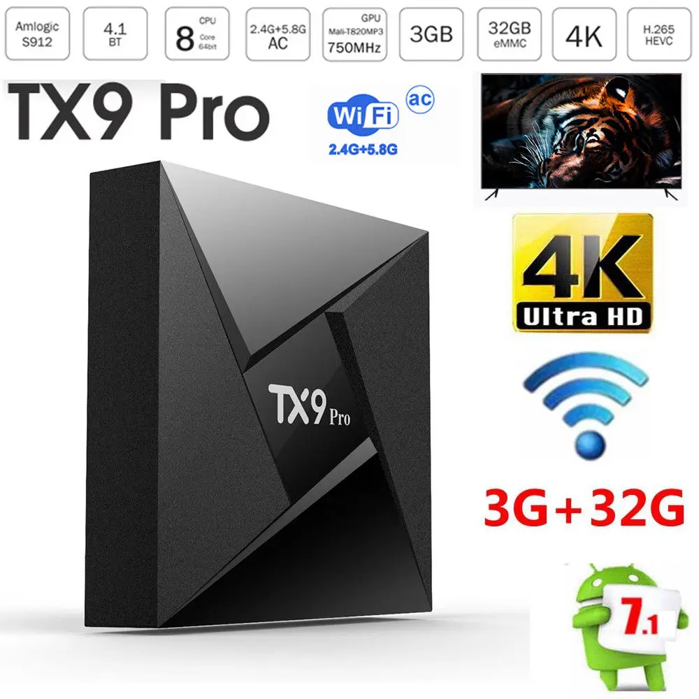 TX9 Pro 4 К ТВ Box Amlogic S912 Восьмиядерный Android 7 1 1000 м LAN WI FI Bluetooth 3 ГБ + 32 USB 2 0 HDMI