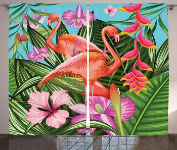 

Flamingo Curtains Illustration of Flamingo with Tropical Garden Hibiscus Flower Plant Vintage Living Room Bedroom Window Drapes