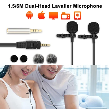 

6m /1.5 Dual-Head Lavalier Lapel Clip-on Microphone for Lecture or Interview for Smartphone Mobile phone and Tablets