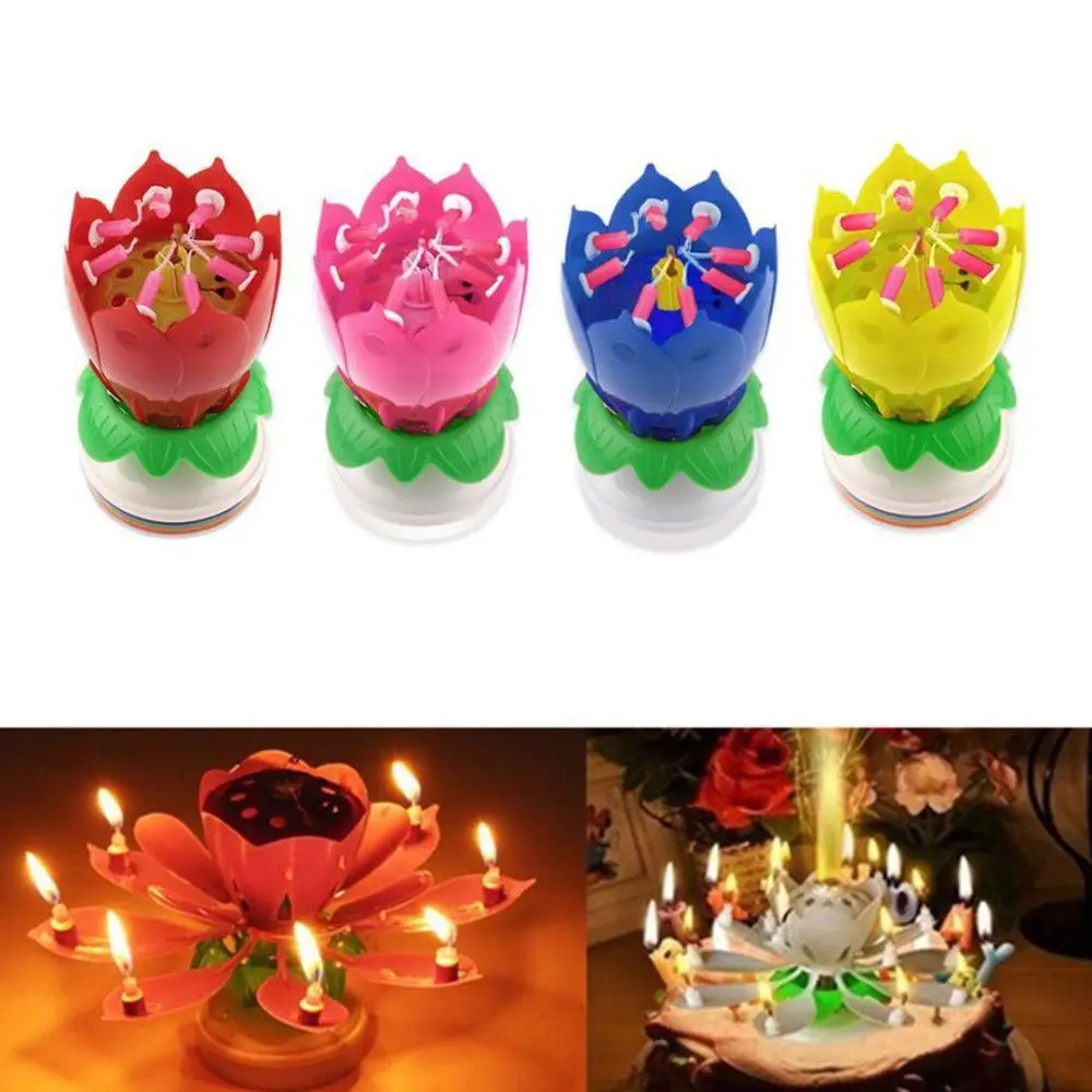 

8 Candles Rotating Musical Lotus Flower Candles Cake Topper Birthday Party Cake Musical Sparkle Decoration 5 Color