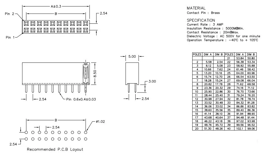 2.54 Dual Female Header Drawing