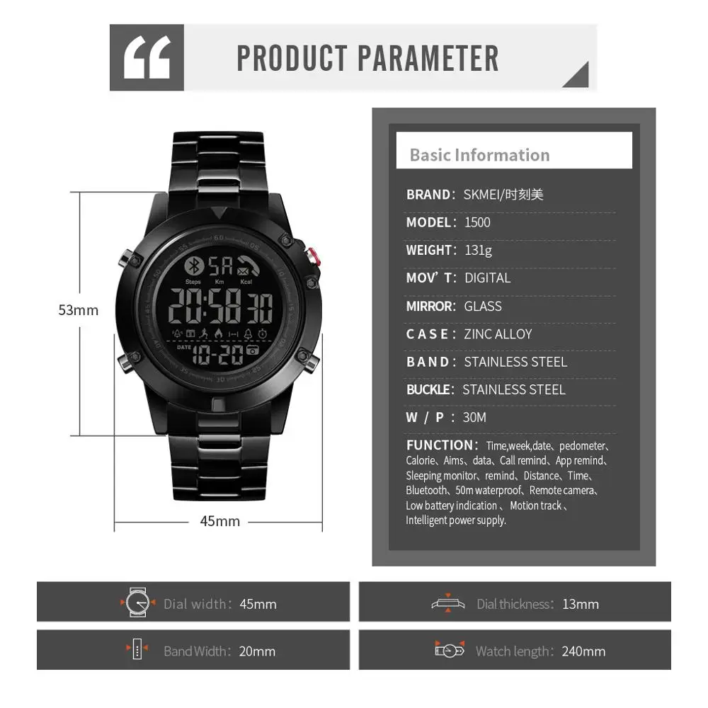 SKMEI умные электронные часы, Bluetooth мужские спортивные водонепроницаемые часы для занятий фитнесом и калориями, мужские наручные часы reloj intelligent 1500