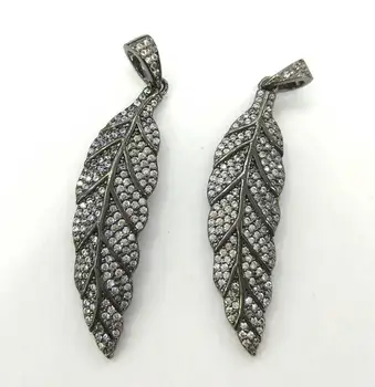 

6pcs Gunmetal Micro Pave Diamond Bead CZ Micro Pave 12x45 Leaf Pendant