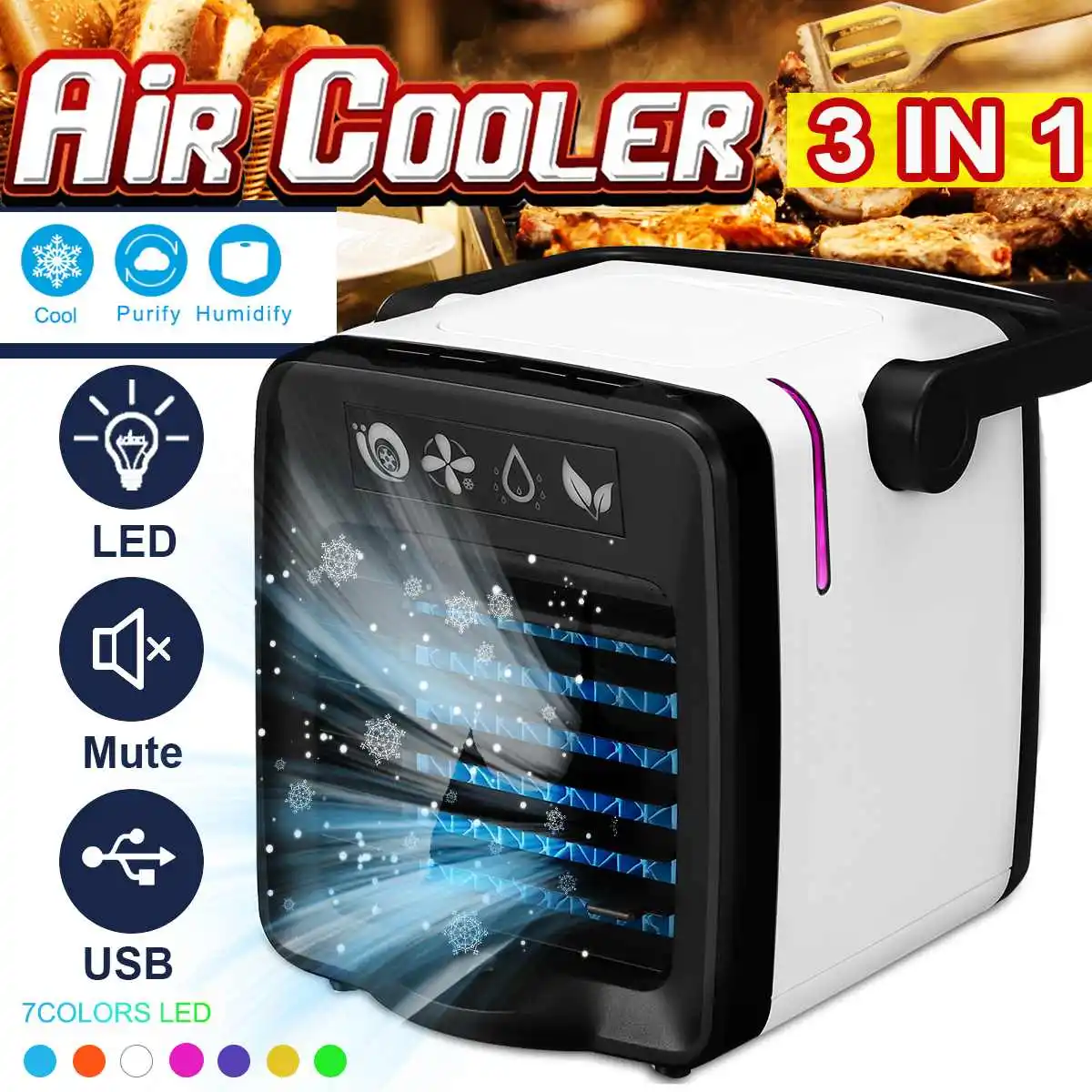 

3 in 1 Portable USB Cooler Cooling Fan Humidifier Purifier Plastic Air Conditioner 2 speed 7 colors LED light for Office Home