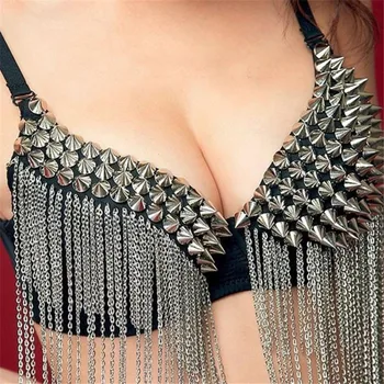 

CHARING Hot Sexy Push Up Women Party Bras Spike Rivet Tassels Metallic Punk Nightclubs Bar Dance Bra