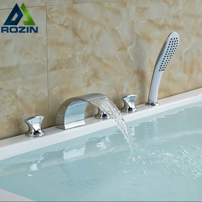 

Chrome Finished Bathroom Widespread Waterfall Bathtub Filler Faucet Mixer with Hand Shower Set