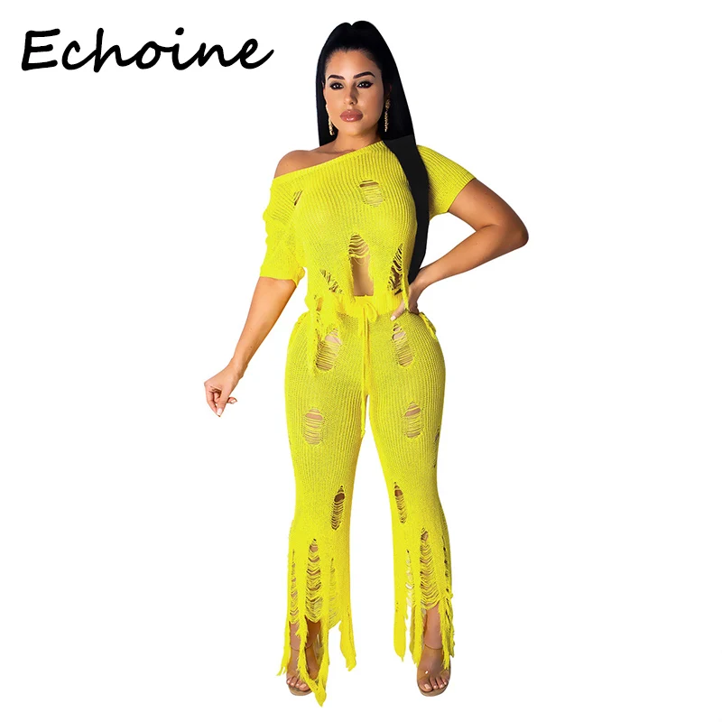 

Echoine 2 Piece Set Women Solid Color Hollow Out Shoulder Short Sleeve Top + Long Pants Clubwear Outfits Summer Clothes For Wome