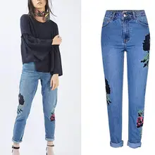 Европейская и американская однотонная аппликация цветок вышивка джинсы модные женские с высокой талией Прямые джинсы pnats
