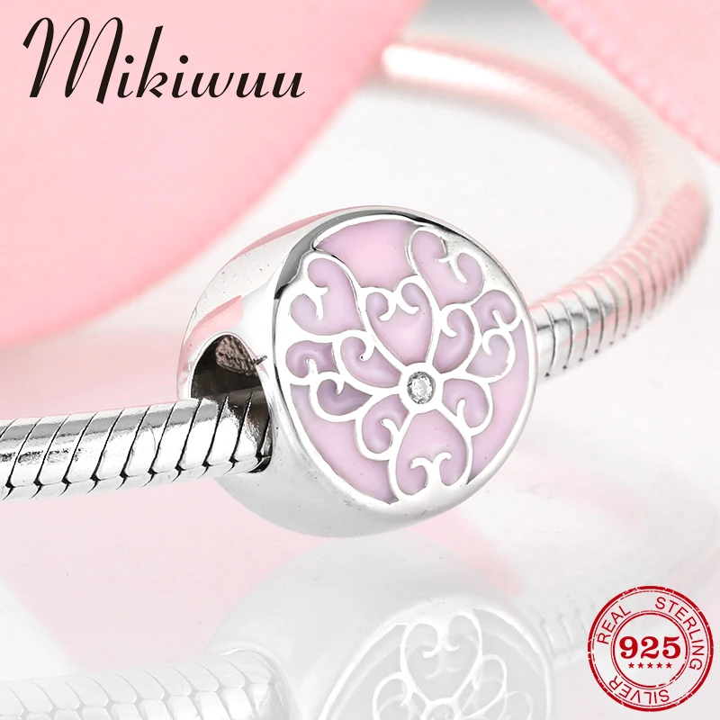 

New pink enamel flower pattern 925 Sterling Silver round shape DIY beads Jewelry making fit Original Pandora Charms Bracelet