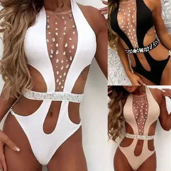 

Hirigin One Piece Swimsuit 2018 Summer Women Swimwear Mesh Patchwork Diamonds Monokini Women Bathing Suit Deep V Hollow Out