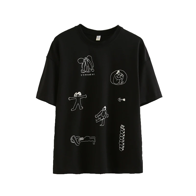Женская летняя футболка с цветочным принтом, черная футболка с коротким рукавом и круглым вырезом, дизайн, футболки - Цвет: Черный