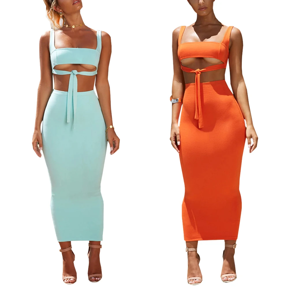 2 Piece Set Women'sfashion Summer Spaghtti Strap Crop Top And Maxi Skirts Sexy Sling Wrapped Chest Umbilical Bag Hip Skirts