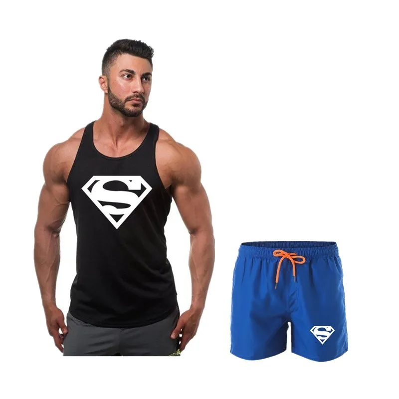 Новый мужской жилет + шорты набор Железный Супермен принт хип хоп повседневная мужская спортивная одежда комплект мужской жилет Модный