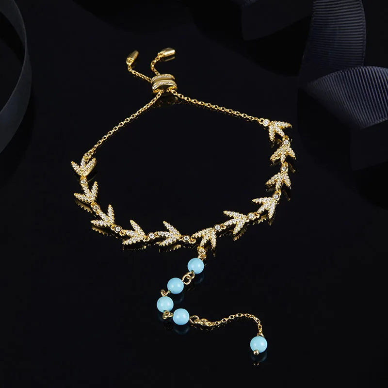 

SLJELY 925 Sterling Silver Yellow Gold Color Laurel Leaves with Turquesa Beads Bracelet Pave CZ Zircon Stones Luxury Jewelry
