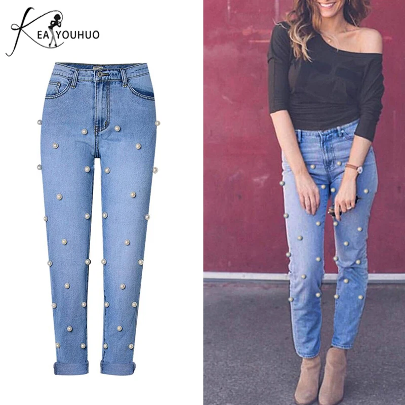 

New Spring 2018 Mom Jeans Woman With High Waist Denim Pantalon Femme Boyfriend Jeans For Women Female Pearl Jeans Pants Trousers