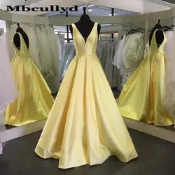 Mbcullyd Желтые атласные вечерние платья Длинные 2019 глубокий v-образный вырез открытая спина А-силуэт Формальное вечернее платье для женщин