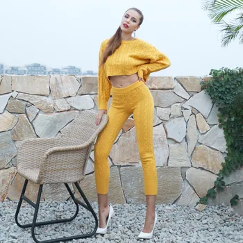 

Two Piece Set Suit Outfits Sexy Women Long Sleeve O-Neck Knit Sweater Tops+Bodycon Elegant Pullovers Suit Matching Sets Wholesal