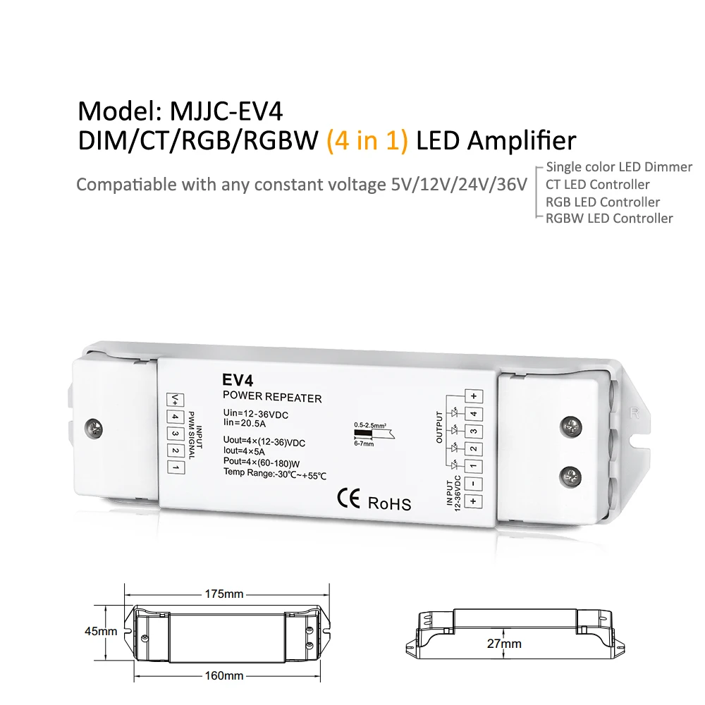 MJJC RGB LED усилитель 5V 12V 24V 36V 5A 6A 8A DC Одноцветный CT для светодиодных лент EV1 EV3 EV4