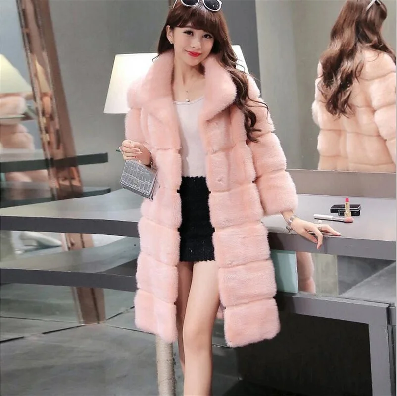 Роскошные женские куртки из искусственного меха, зимняя теплая куртка, женская розовая модная длинная шуба, толстая полоска, имитация норкового воротника