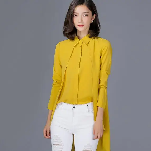

Yellow Blouse Shirt Women Chiffon Blusas 2018 New Long Sleeve Fake Two Piece Shirts Women Tops Clothing AH342