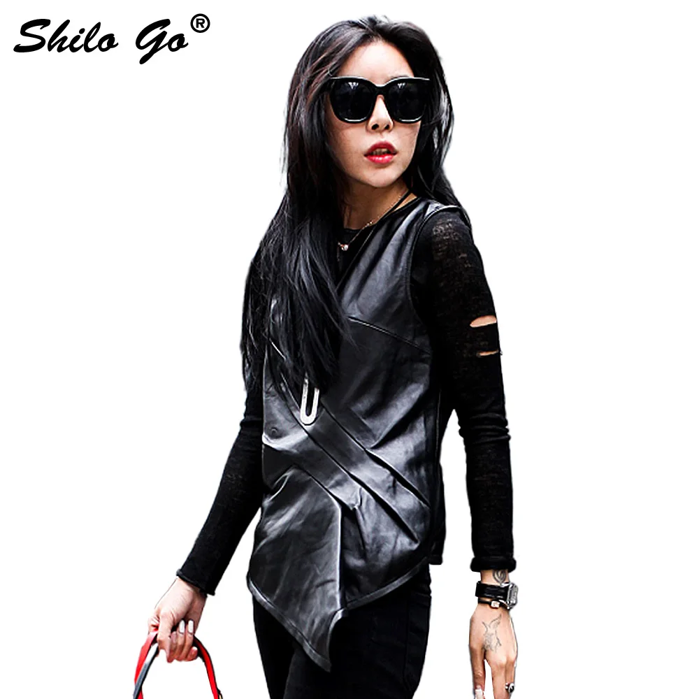 

SHILO GO Leather Vest Womens Spring Fashion sheepskin genuine leather Vest O Neck office lady asymmetrical slim vest