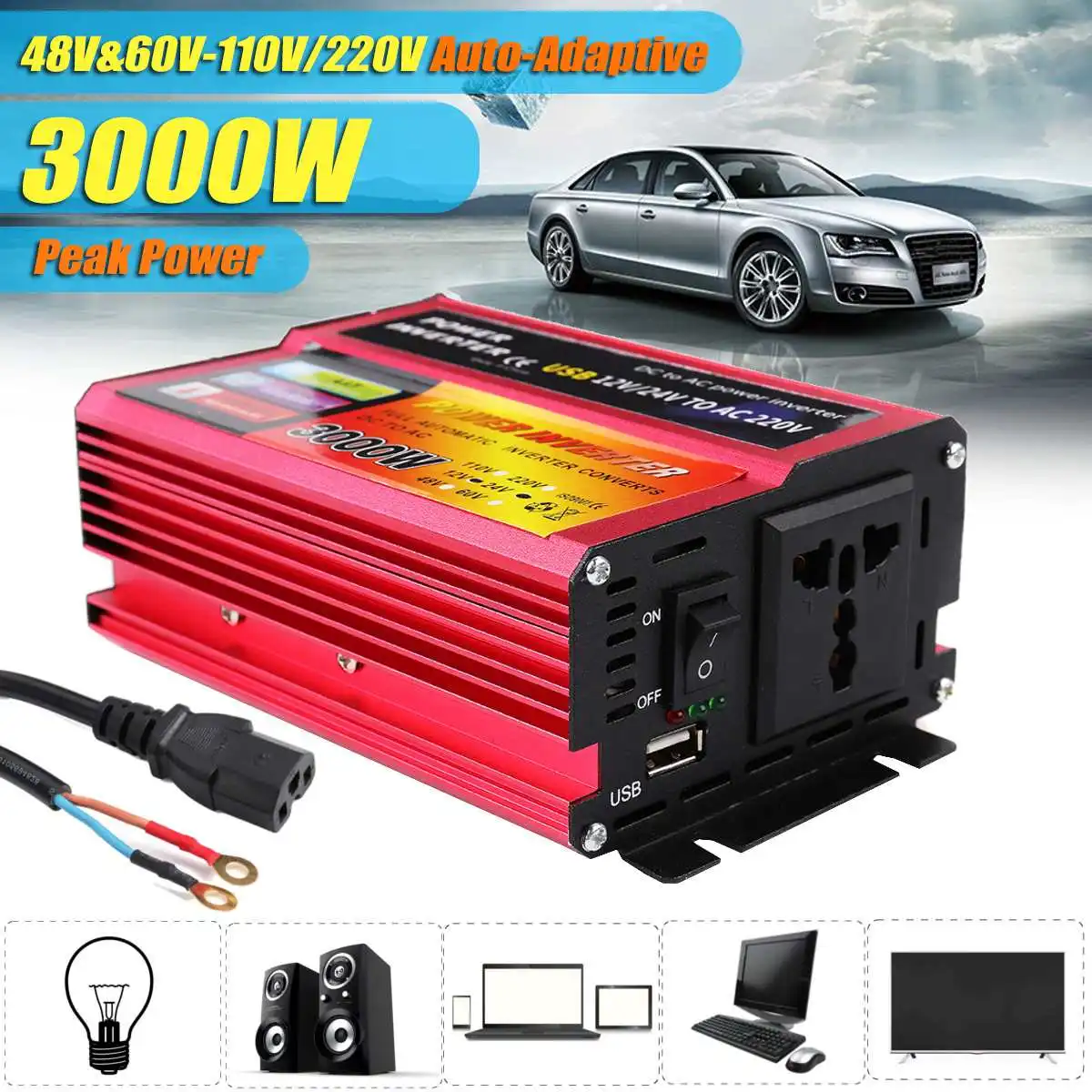 

Solar Inverter 12V 220V 3000W Pe ak Voltage Converter Transformer DC 12V&24V 48V&60V To AC 110V/220V Auto Adapt Inversor