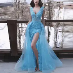 Синее 2019 платье для выпускного с подолом в виде русалочьего хвоста v-образным вырезом платье из тюля с коротким рукавом Кружева разрезом