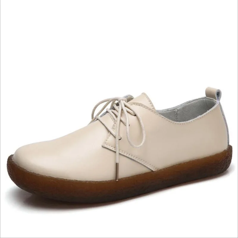 

2019 Women Flat Shoes Woman Loafers Plus Size Women's Fashion genuine leather Casual Shoes lace up Female Footwear