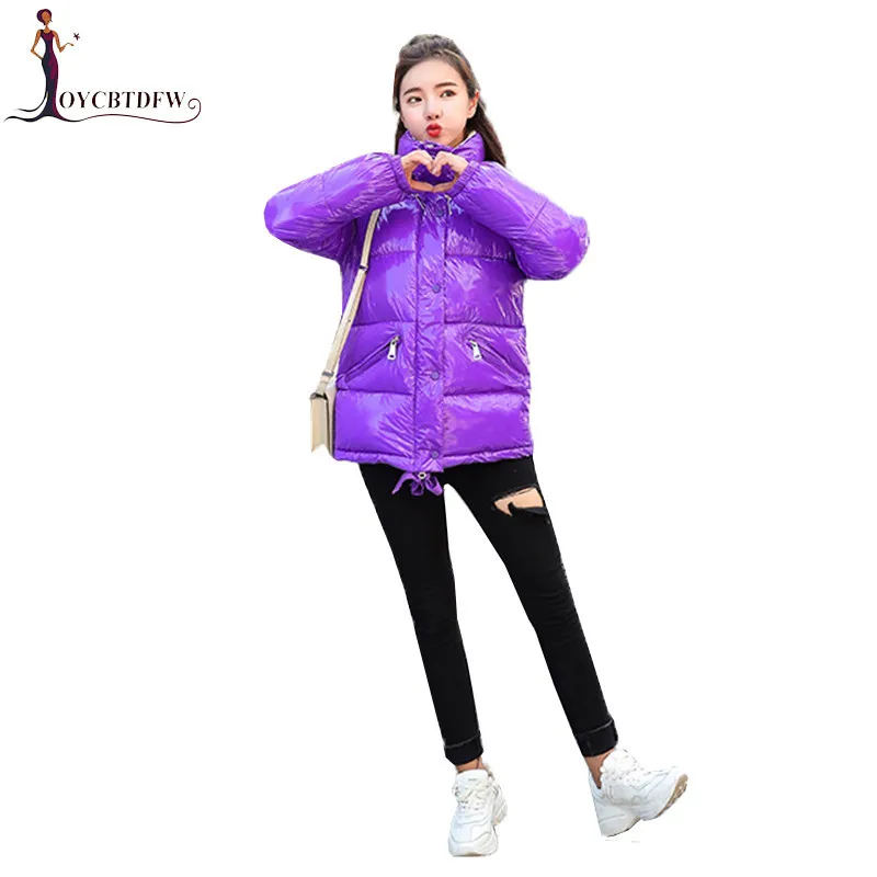 Зимний пуховик для женщин, новая парка, свободная теплая Глянцевая верхняя одежда, пальто, корейская мода, зимняя женская куртка, короткая парка NO610 - Цвет: purple