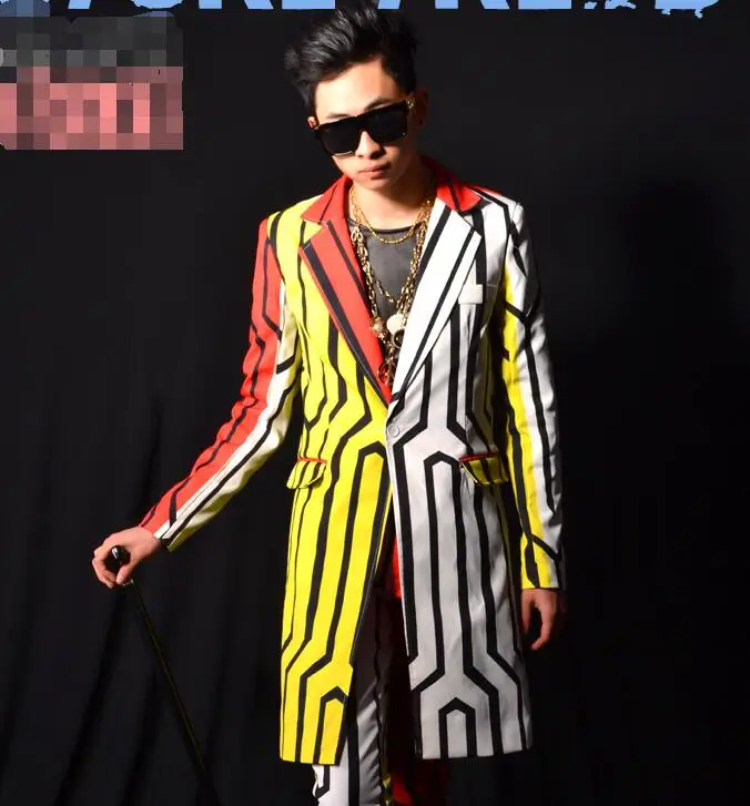 Medium long suit M-6XL! ночной клуб бар мужской певец GD цвет линии костюм большой бар представление костюм - Цвет: Medium long suit