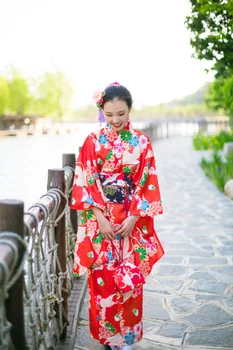 

Japanese Orange Red Crane Tea Flower Style Traditional Kimono Suit for Woman