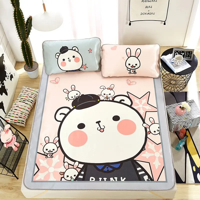

Mattress Cover Bear Mat Kit Bed Sheet Printing Ice Silk Mat Cartoon Three Sets Of Summer Mat Double Folding Air Conditioning Mat