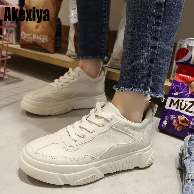 

New Women Vulcanize Shoes Fashion Sneakers Women Flats Walking Shoes Casual Lace Up Shoes Size 35-39 White beige d880