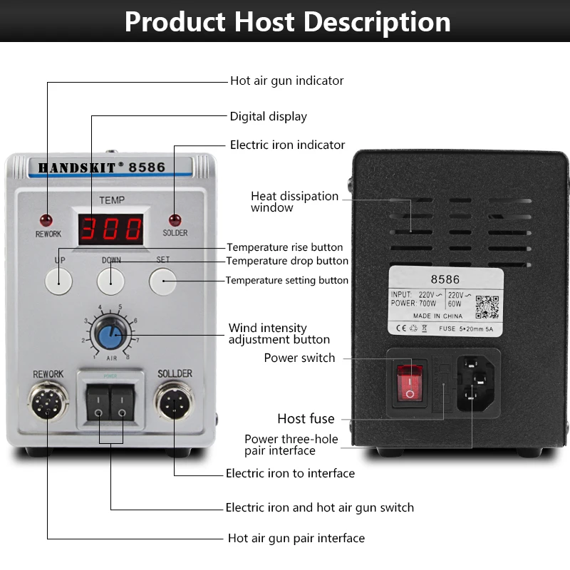 Handskit 750 Вт 8586 2 в 1 цифровой ESD фена паяльная станция Сварка SMD паяльная станция+ Электрический припой
