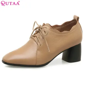 

QUTAA 2018 Women Pumps Lace Up Fashion Woman Shoes Genuine Leather +pu Square High Heel Platform Ladies Casual Pumps Szie 34-42