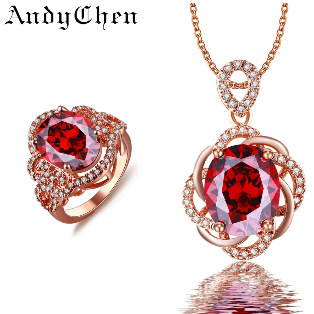 AndyChen Bridal Red Jewelry Sets for Women Wedding Pendants Necklace