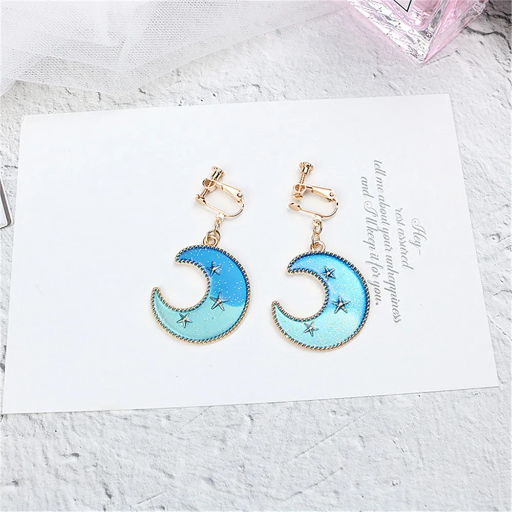 

Japan Korean Cute Creative Gradient Blue Star Moon Fresh Sweet Woman Girls Clips Hook Earrings Fashion Jewelry-LAF