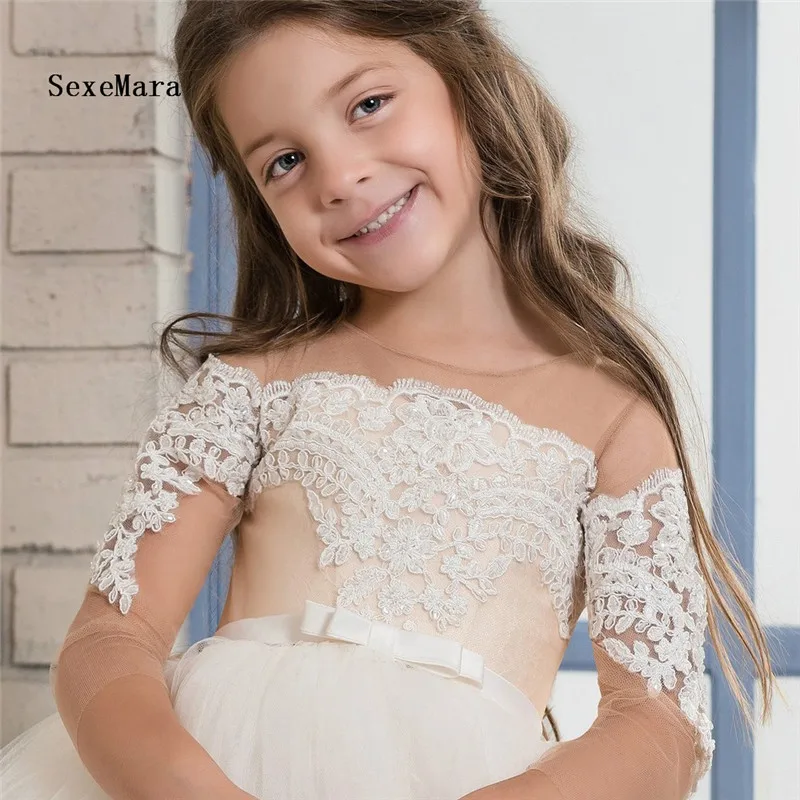 

2018 White Flower Girl Dress Child Crew Neck Mesh Lace Ball Gowns Kids Holy Communion Dresses 1-16Year Old