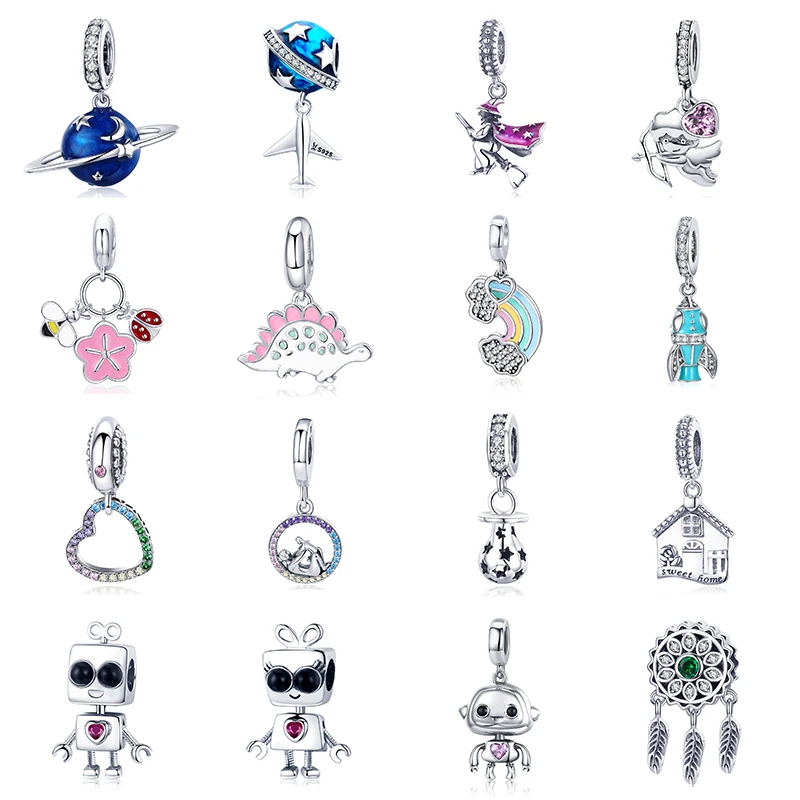 

inbeaut Silver Galaxy Alien Robot Airplane Charms 925 Enamel fit Original Charm Bracelet Dog Rainbow House Ball Broom Charms