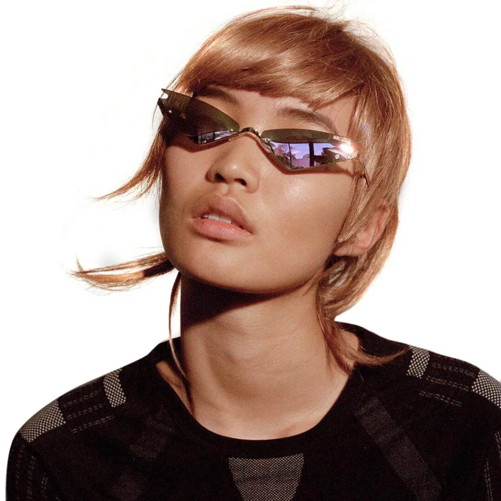 Стиль, женские солнцезащитные очки "кошачий глаз" без оправы, роскошная женская Металлическая оправа, зеркальные линзы, винтажные брендовые узкие треугольные солнцезащитные очки "кошачий глаз"
